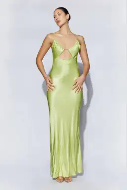Meshki Sadie Maxi Satin Halterneck Ruched Slip Dress Pistachio Green Size 6 for rent on The Volte - image 1