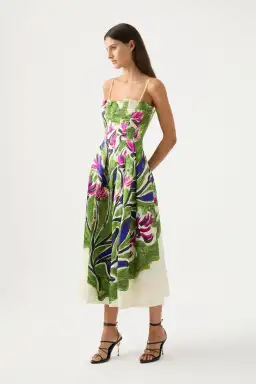 Aje Paradiso Green Floral Cinched Midi Dress Native Gumnut Floral Size 14 for rent on The Volte - image 1