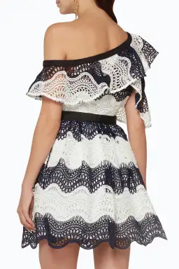 Self Portrait One Shoulder Striped Guipure Lace Mini Dress Navy/White Size 12 for rent on The Volte - image 3