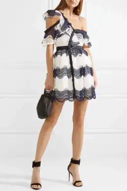 Self Portrait One Shoulder Striped Guipure Lace Mini Dress Navy/White Size 12 for rent on The Volte - image 4