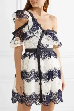 Self Portrait One Shoulder Striped Guipure Lace Mini Dress Navy/White Size 12 for rent on The Volte - image 5