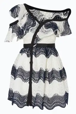 Self Portrait One Shoulder Striped Guipure Lace Mini Dress Navy/White Size 12 for rent on The Volte - image 8