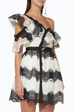 Self Portrait One Shoulder Striped Guipure Lace Mini Dress Navy/White Size 12 for rent on The Volte - image 2