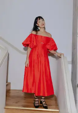Aje Eugenie Off Shoulder Midi Dress Scarlet Red Size 8