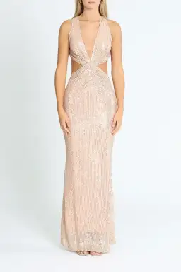 Elle Zeitoune Cut Out Detailed Sequin Gown Rose Gold Size 14