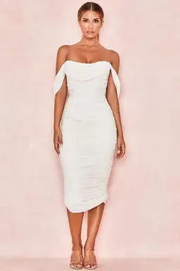 House of CB Carlotta Draped Midi Dress Ivory Size S /AU 8-10