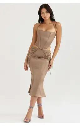 House of CB Chantelle Satin Corset & Sidonie Satin Lace Up Midi Skirt Set in Latte Size XL / AU 14 for rent on The Volte - image 3