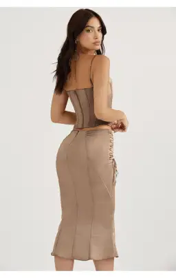 House of CB Chantelle Satin Corset & Sidonie Satin Lace Up Midi Skirt Set in Latte Size XL / AU 14 for rent on The Volte - image 7