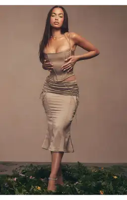 House of CB Chantelle Satin Corset & Sidonie Satin Lace Up Midi Skirt Set in Latte Size XL / AU 14 for rent on The Volte - image 1