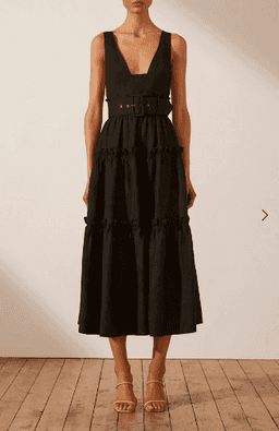 NICOLETTE LINEN TIERED MIDI DRESS - BLACK