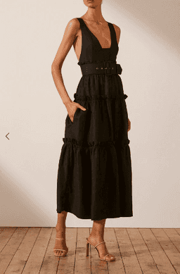 NICOLETTE LINEN TIERED MIDI DRESS - BLACK