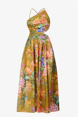 Zimmermann Tropicana Asymmetric Midi Dress Khaki Floral Size 2 / AU 12 for rent on The Volte - image 3