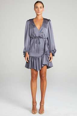 ANNA PUFF SLEEVE DRAWSTRING MINI DRESS - CHARCOAL for rent on The Volte - image 1
