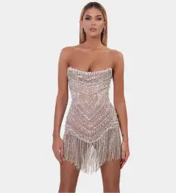 Albina Dyla Mini Silver/nude Corset Tassel Dress Nude Size 10