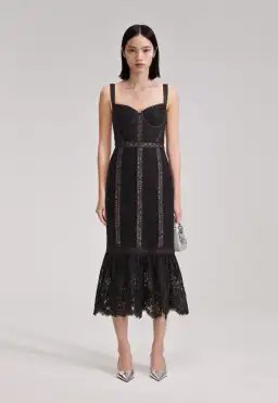 Self Portrait Black Cord Lace Insert Midi Dress Size 10
