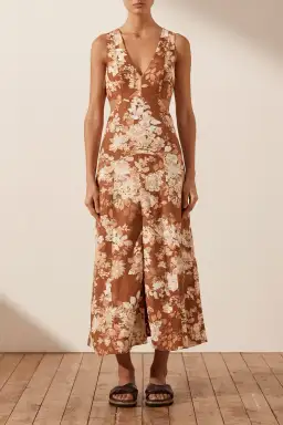 Shona Joy Capucine Linen Panelled Flare Midi Dress Floral Size 6