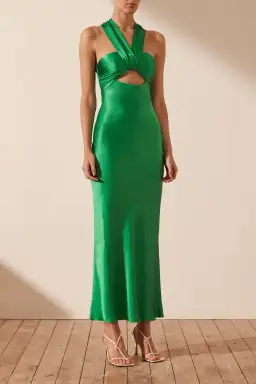Shona Joy Lana Ruched Halter Midi Dress in Tree Green Size 10 