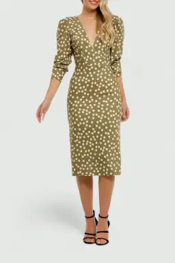 By Johnny Peach Polka V Plunge Midi Dress in Olive Peach Size 10 for rent on The Volte - image 2