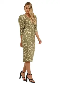 By Johnny Peach Polka V Plunge Midi Dress in Olive Peach Size 10 for rent on The Volte - image 1