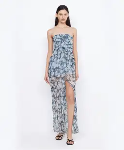 Bec & Bridge Opal Strapless Frill Ruffle Maxi Dress Denim Floral Size 6 for rent on The Volte - image 1