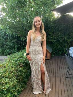 Bariano ELLE STRAPLESS PATTERN SEQUIN GOWN Champagne Size 12 