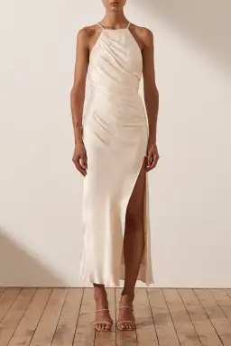 Shona Joy La Lune Gathered Square Neck Bias Midi Dress Cream Size 12