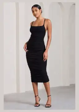 Club L London Bree Ruched Mesh Strappy Bodycon Midi Dress Black Size 10 for rent on The Volte - image 1