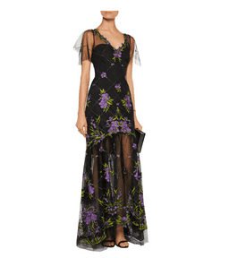 Marchesa Notte High Low Illusion Tulle Gown Dress Black Floral Size 8