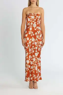 Bec and Bridge Blossom Strapless Maxi Dress Rust Print Size 12
