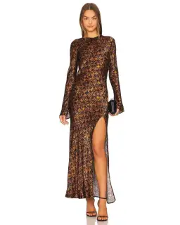 Bec and Bridge Checkmate Long Sleeve Maxi Dress in Brown Print Size 8