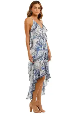 Camilla V-Neck Fitted Dress With Ruffles in Blue Size 10 for rent on The Volte - image 2