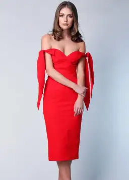 Elle Zeitoune Off The Shoulder Midi Dress  Red Size 10 for rent on The Volte - image 2