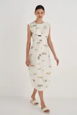 Oroton Structured Spaced Label Midi Dress Soft Cream Print Size 6