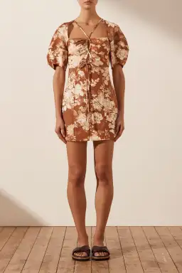 Shona Joy Capucine Linen Lace Front Lantern Sleeve Mini Dress Floral Size 8 for rent on The Volte - image 1