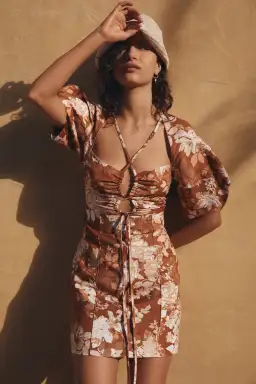 Shona Joy Capucine Linen Lace Front Lantern Sleeve Mini Dress Floral Size 8 for rent on The Volte - image 3