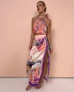 LEO LIN Evie/Estella Wrap Midi Skirt in Neptune Print in Coral Size 8 for rent on The Volte - image 2