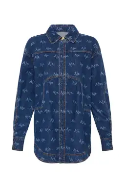 Aje Ratio Logo Denim Shirt and Mini Skirt Set Logo Wash Blue Size 16 for rent on The Volte - image 4