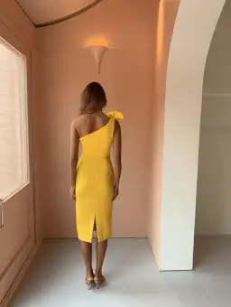 By Johnny Pollen One Shoulder with Bow Midi Dress Yellow Size 10 for rent on The Volte - image 2