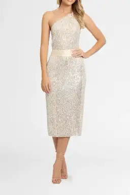 Elle Zeitoune Allene Sequin One Shoulder Midi Dress in Silver Size 10 for rent on The Volte - image 2