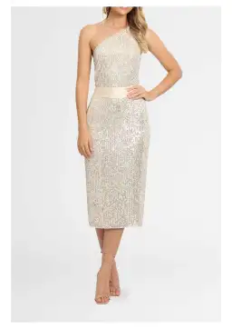 Elle Zeitoune Allene Sequin One Shoulder Midi Dress in Silver Size 8