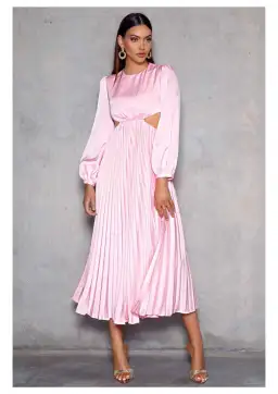 Elle Zeitoune Barry Satin Long Sleeve Midi Dress in Candy Pink Size 8