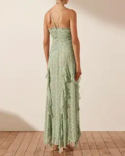 Shona Joy Aurore Ruched Frill Maxi Dress Green Floral Size AU 6 for rent on The Volte - image 3