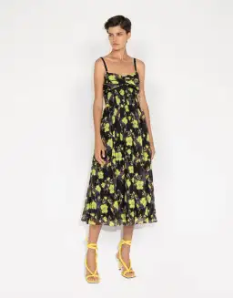 Cue Neon Rose Ruched Bodice Midi Dress Floral Size 8 for rent on The Volte - image 1