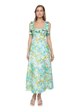 Zimmermann High Tide Frilled Midi in Aqua Ikat Floral Size 8