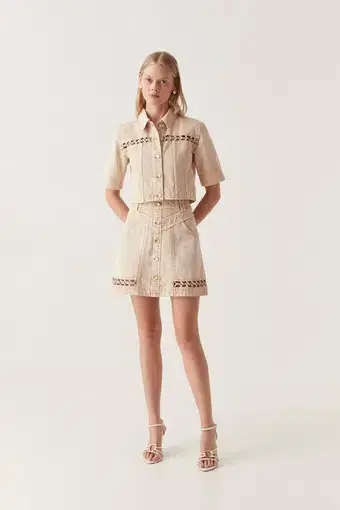 Aje Effie Braided Denim Top and Mini Skirt Set Stone Size 8