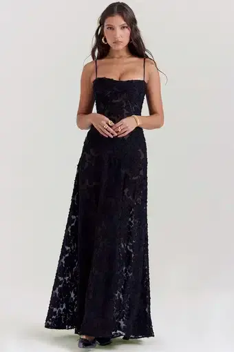 House Of Cb Seren Floral Sheer Lace Back Maxi Dress Black Size Xs / Au 6