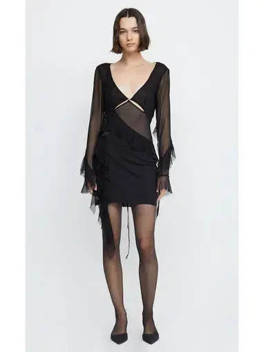 Bec & Bridge Aurelie Frill Long Sleeve Mini Dress Black Size AU 6