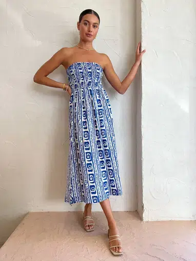 Faithfull the Brand Musee Midi Dress in Island Blue Pacific Print Size 6