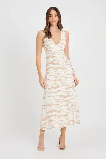 Kookai Emmy Midi Dress Beige Print Size 8
