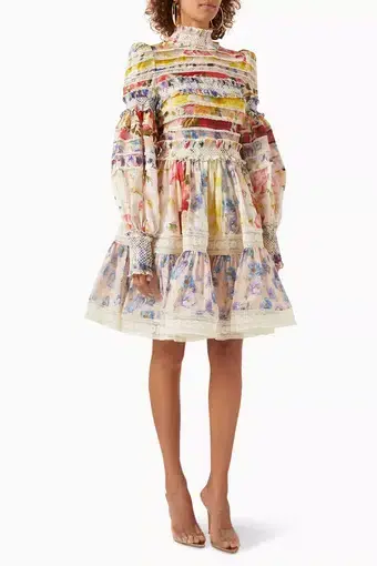 Zimmermann The Wonderland Smocked Mini Dress in Spliced Multifloral Size 0 / AU 8 